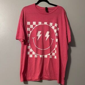 Gildan Softstyle Pink Tee smiley, lightning bolt and checkered